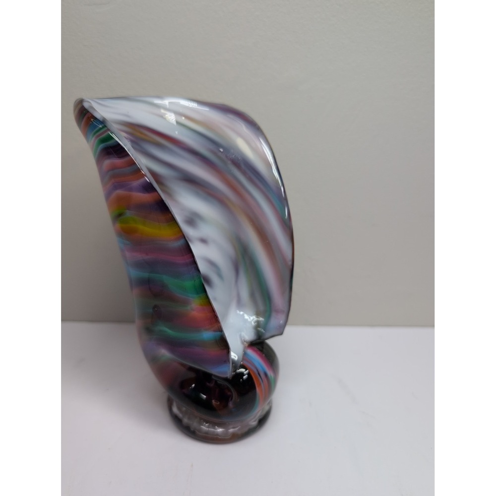 Hand Blown Glass Nautilus Seashell Art on Base Multicolor Glass Sculpture